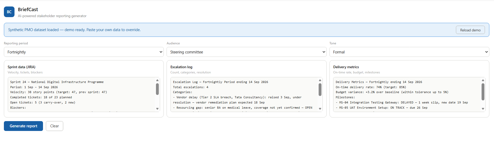 BriefCast input UI with synthetic PMO dataset loaded
