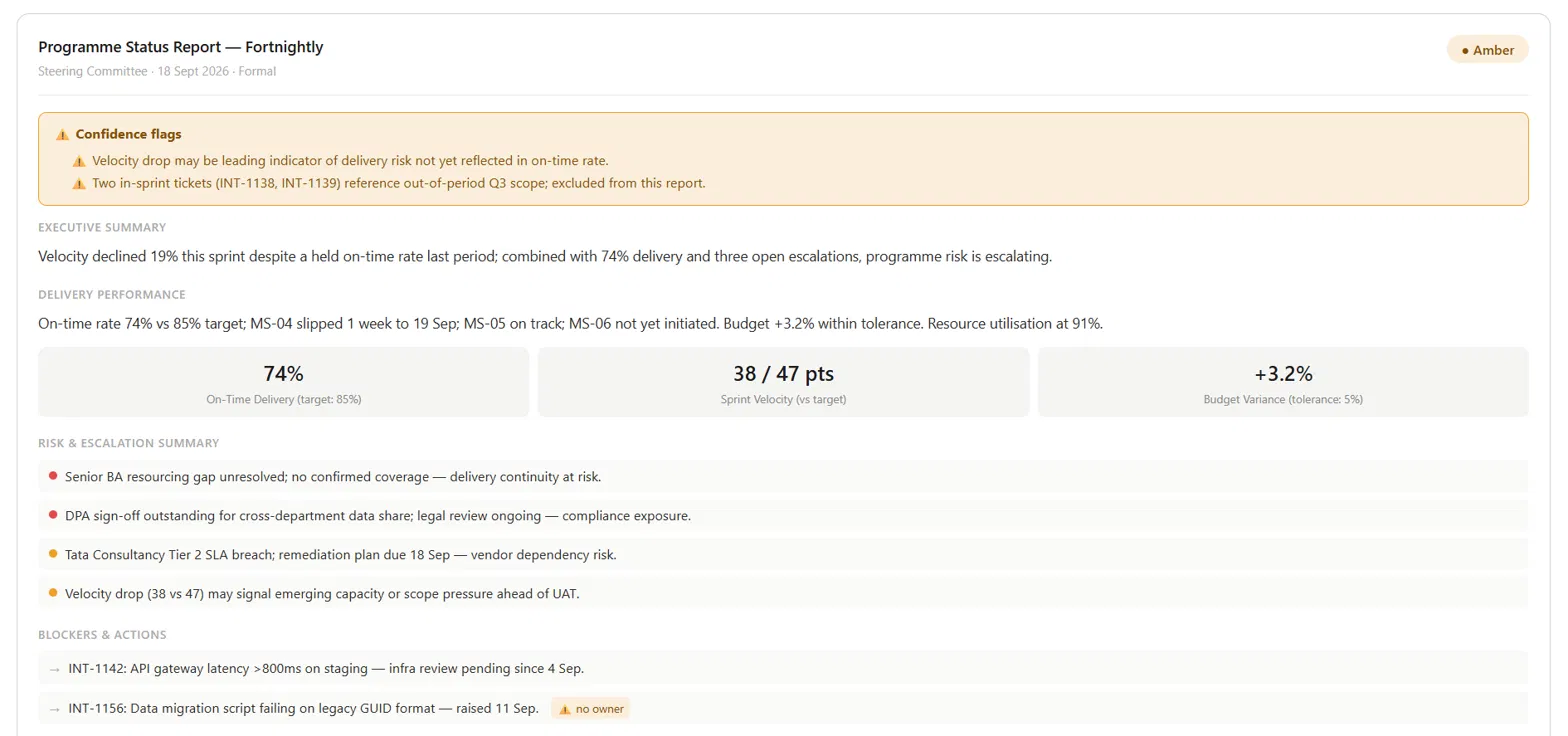 BriefCast generated report with RAG badge and confidence flags