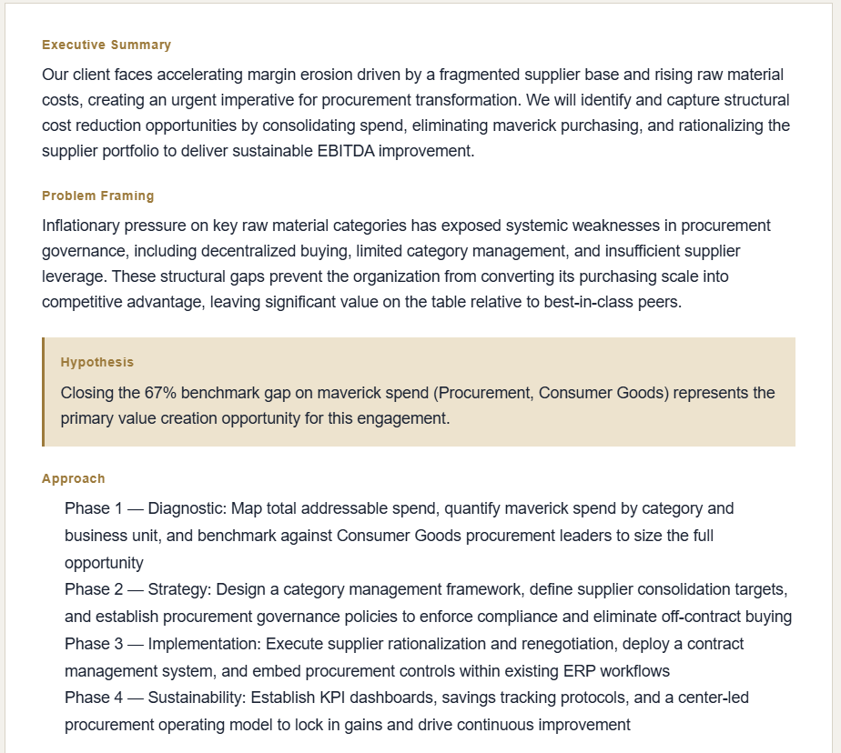 PropelIQ Proposal Builder outline with a hypothesis locked to a benchmark claim