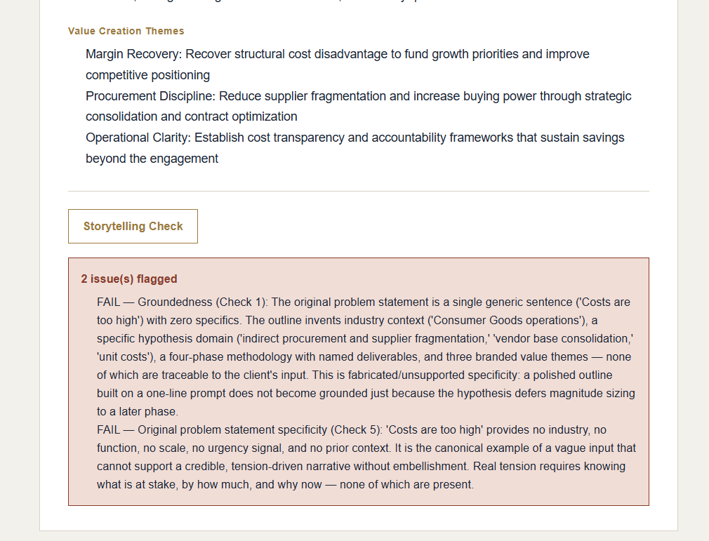Storytelling Check correctly failing an outline built on a vague, one-line problem statement
